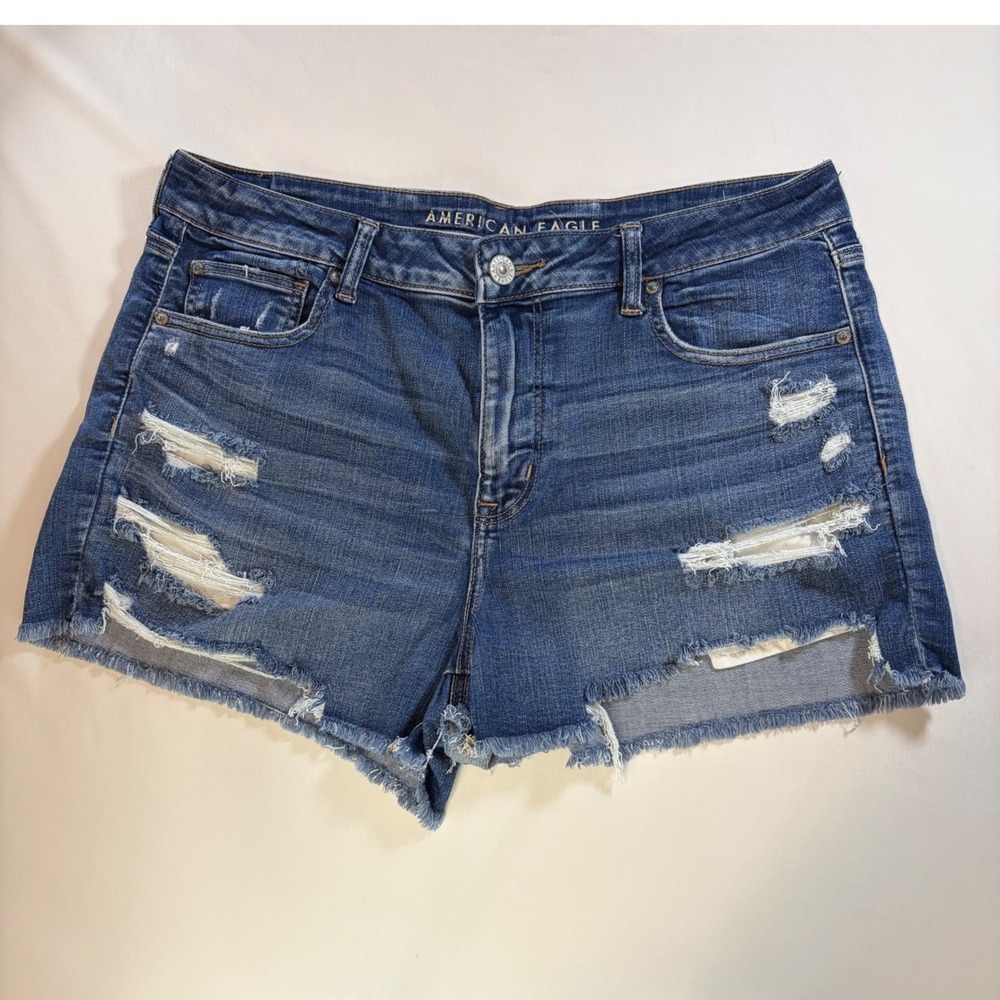 American Eagle Hi-Rise Shortie Distressed Denim Shorts Blue Size 16
